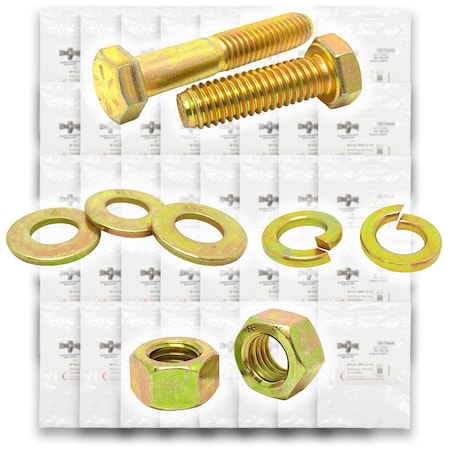 Boltsandnuts.Com Grade 8 Hex Cap Scrws, HexNuts, Flat & Lock Wshrs Zinc Yellow 1/4in, 5/16in 3/8in, & 1/2in -1268PCS Assortment Kit #358